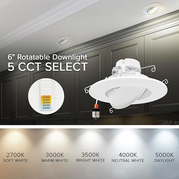 Maxxima 5" and 6" Rotatable LED Retrofit Downlight Gimbal - 1200 Lumens, 11 Watts, Dimmable, 5 CCT 2700K/3000K/3500K/4000K/5000K, Recessed Ceiling Light Fixture, Ideal for Kitchens and Dining Rooms