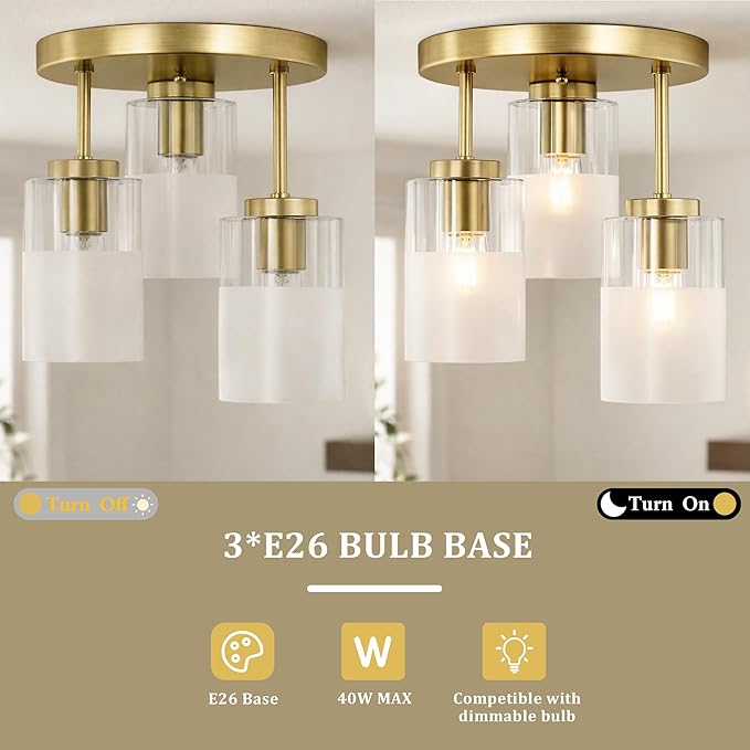 Maxax 3-Lights Brass Semi Flush Mount Ceiling Light Fixture, 11.5" Modern Farmhouse Light Fixture with Clear Frosted Glass, E26 Base, for Kitchen, Foyer, Hallway, Entryway, Bedroom, Stairs