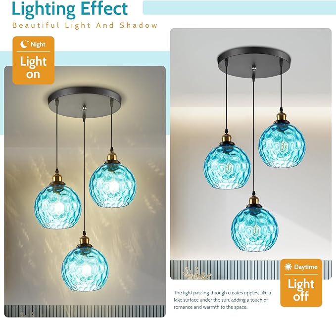 3 light Cluster Pendant Light, Mid Century Modern Dining Room Light Fixtures over Table, Kitchen Island Lights Ceiling Hanging Black, Blue Hammered Glass Chandelier Multi Pendant Light Fixture