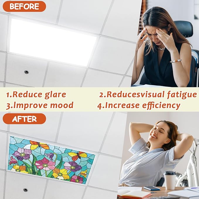 8Pcs Fluorescent Light Covers with 80 Magnets Decorative for Classroom Ceiling Lights 4x2Ft Magnetic Light Covers Filter Easy Install for Office Hospital Home Drop Ceiling Supply(Stained Glass Floral)