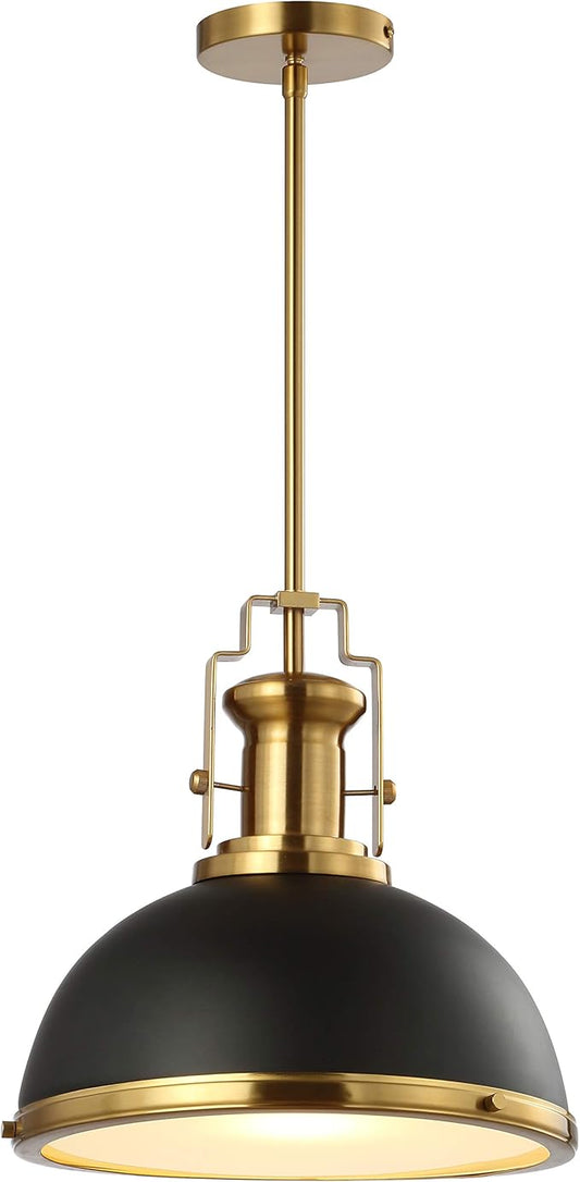 JONATHAN Y 13" Black/Brass Gold Modern Industrial Iron LED Dome Pendant Light, Adjustable Hanging Fixture for Kitchen Island or Entryway, Black Metal Shade, LED Bulb Included (JYL9536A)