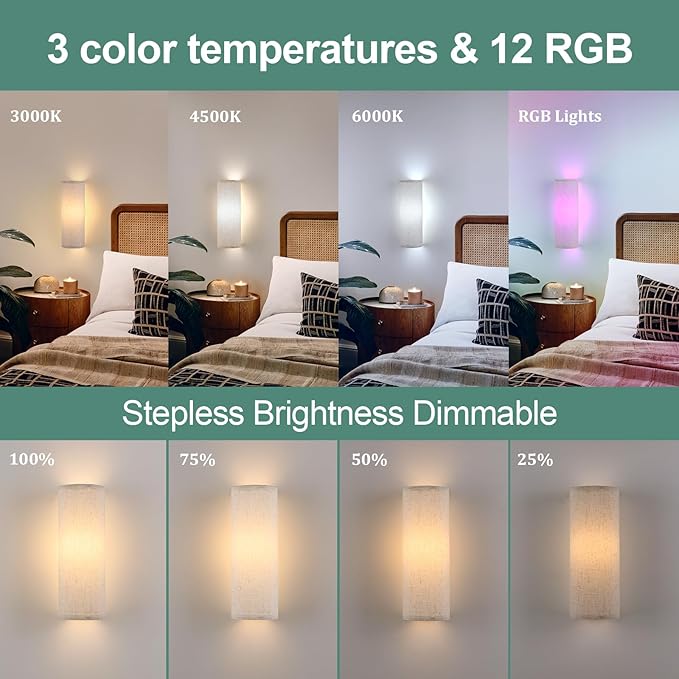 Shenmoyl Adhesive Battery Operated Wall Sconce Set of 2, 5000 mAh Battery Rechargeable Bulb with 12 RGB Colors, Stick on Wall Sconce No Drill Wall Lights, Linen