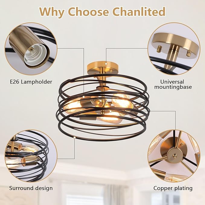 Black Rustic Drum Semi Flush Ceiling Light with 3-Light Brass Base, Modern Gold Farmhouse Chandeliers Metal Cage for Dining Room, Industrial Pendant Light for Entryway Kitchen Foyer Bedroom