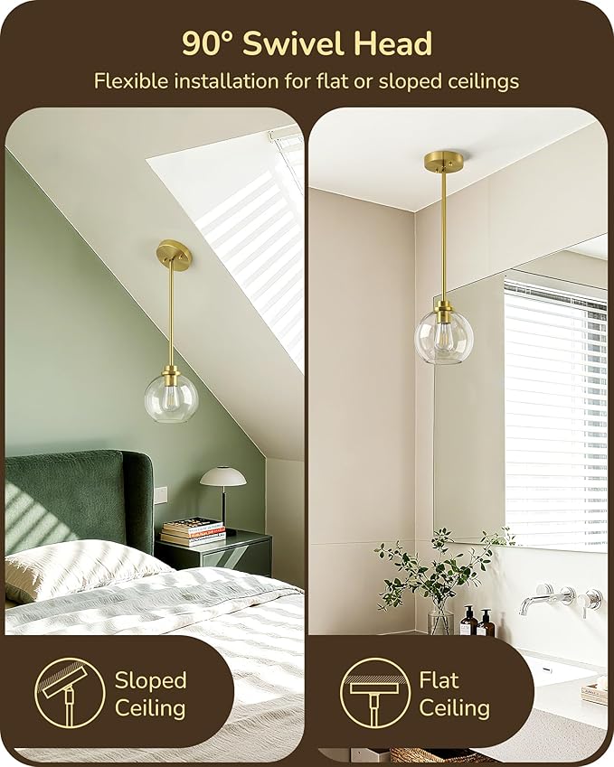 EDISHINE Pendant Light Fixtures 2 Pack with Clear Glass Globe Shade, Gold Kitchen Hanging Lighting Over Island, Hardwired Adjustable Metal Rod for Dining Room, Entryway