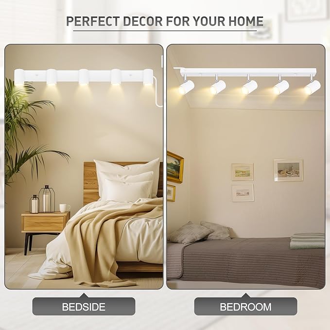 Plug in Track Lighting, LED Track Light Kit, White 5-Light Large Track Lights for Kitchen, 15 FT Cord,5 Way Ceiling Spotlight, Rotatable Wall Mount Light Head for Bedroom Hallway Living Room