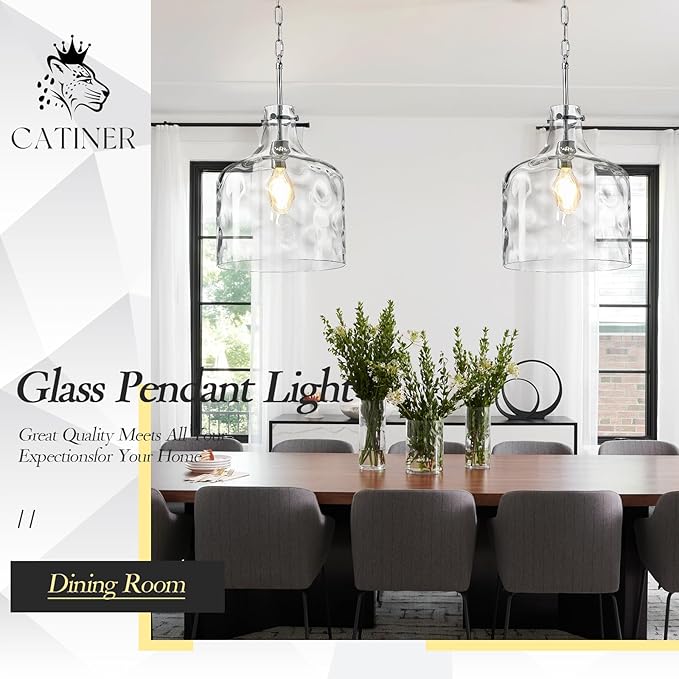 CATINER Extra Large 16" Vintage Farmhouse Pendant Light – Hand-Blown Clear Hammered Glass Shade, Adjustable Chain Hanging Light for Kitchen Island, Hallway, Dining Room, Chrome