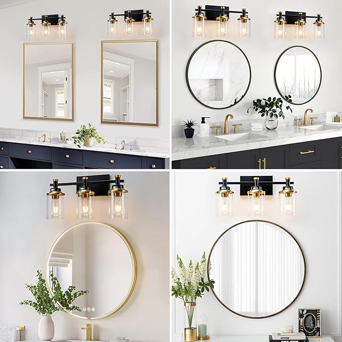 3 Light Bathroom Light Fixtures, Black and Brushed Gold Vanity Light Fixture Over Mirror, Modern Wall Sconces Lighting Wall Lamp for Bathroom, Bedroom, Hallway with Clear Glass Shade