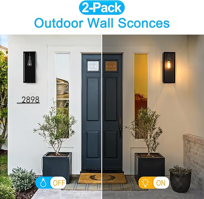 VerRon 2-Pack Outdoor Wall Lanterns, 16” Exterior Waterproof Outdoor Lights with Glass Shades, Black Porch Lights Wall Mounted, Anti-Rust E26 Modern Lighting for Patio Garage Entryway Front Door