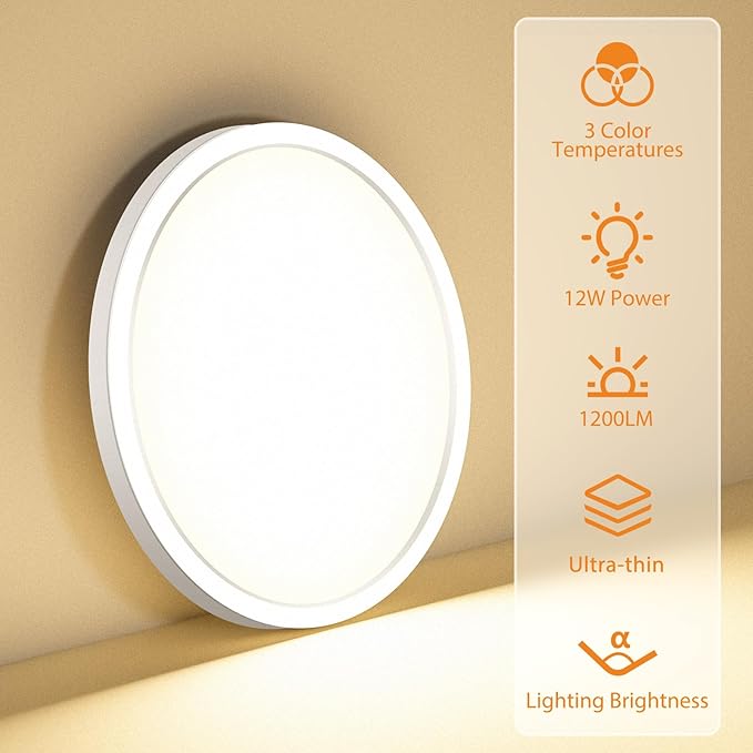 1PACK LED Flush Mount Ceiling Light Fixture, 3000K-4000K-6500K & 100W Equivalent Modern Kitchen Recessed Ceiling Lamp 12W 1200Lm 6.5 Inch Closet Round Surface for Bathroom Laundry Bedroom Hallway