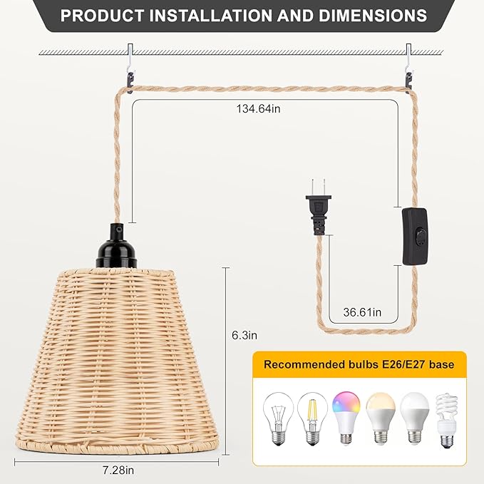 Pendant Light Hanging Lights 15ft Plug in Pendant Light - Hanging Light with On Off Switch Plug in Cord Pendant Light Fixture E26 E27 Light SocketCord for Bedroom Living Room ( 4-Wicker Lampshade)