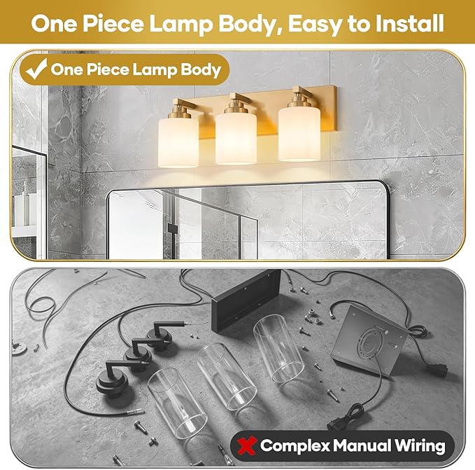 Bathroom Vanity Light Fixture, 3-Light Brushed Gold Bathroom Light Fixtures Over Mirror with Milky White Glass Shades, Modern Vanity Lights for Bathroom Living Room Hallway (Bulbs Not Included)