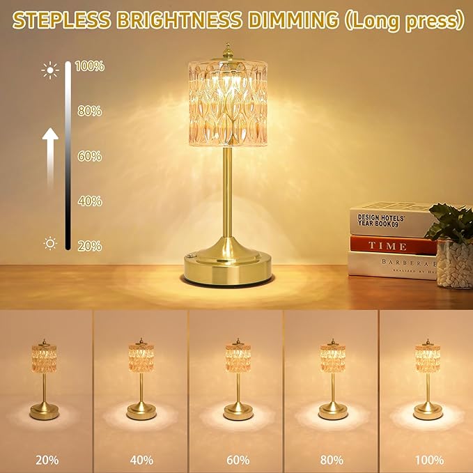 Cordless Crystal Table Lamp, 5200mAh Rechargeable Battery, 3 Color Dimmable Touch Control, Portable Vintage Gold Desk Lamp for Bedroom, Nightstand, Living Room, Home Decor (Amber-2)