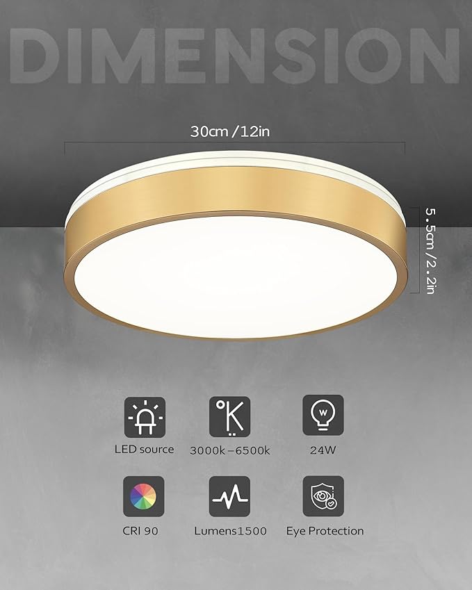 Ken & Ricky 12 Inch Brushed Gold Flush Mount Ceiling Light,Round Flat Led Ceiling Light Dimmable,Close to Ceiling Light Fixtures for Kitchen Bathroom Bedroom Hallway 5CCT 24W 1PK