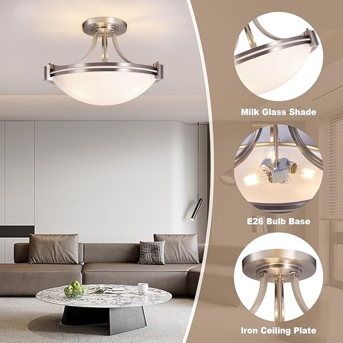 Bektas Semi Flush Mount Ceiling Light Fixture 16inch Brushed Nickel Flush Mount Ceiling Light with Milk Glass for Bedroom Kitchen Bathroom Hallway Foyer Living Room Dinning Room Hall Entryway
