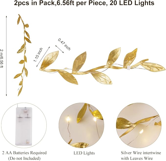 AdasBridal 6.56ft Gold Leaf String Lights 20 LED Fairy Lights Battery Operated Artificial Plant Vine Light for Wedding Birthday Party Decoration Indoor Outdoor Table Decor DIY Crafts, 2pcs