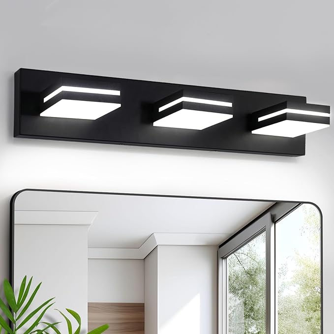 OKELI 3 Light Bathroom Vanity Light Matte Black Modern 24W LED Dimmable Vanity Light Over Mirror 350° Adjustable Lamp Head Cold White 6000K ETL Listed 22Inch