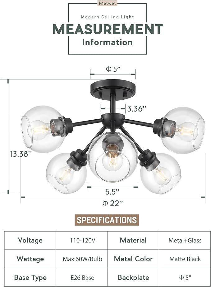 6-Light Semi Flush Mount Ceiling Light, 22" Modern Light Fixtures Ceiling Mount with Globe Clear Glass Shade, Matte Black Light Fixtures for Kitchen Entryway Bedroom, SM195-MB-6