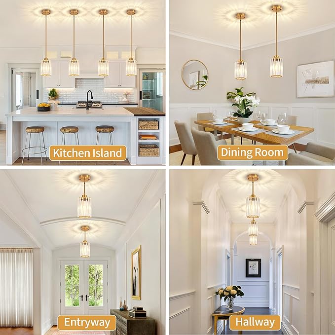 2 Pack Brushed Gold Pendant Lights Kitchen Island, Modern Crystal Kitchen Pendant Lighting Over Island Dining Room Light Fixtures Adjustable Hanging Pendant Light for Bathroom Hallway Foyer Bedroom