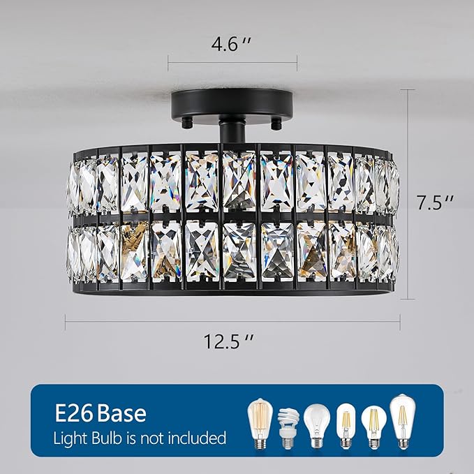 HuixuTe Modern Bedroom Light Fixtures Ceiling, 12.5" Round Drum Crystal Chandelier 3-Light, Black Semi Flush Mount Ceiling Light for Dining Room Kitchen Hallway Living Room