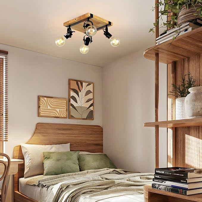 SEEBLEN Farmhouse Wooden Flush Mount Ceiling Lamp,4-Light Directional Ceiling Spotlight Track Light Kits,Rustic Farmhouse Kitchen Light Fixtures for Kitchen Bathroom Bedroom Hallway.