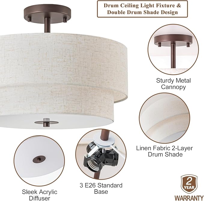 Bargeni 16" Semi Flush Mount Ceiling Light, 3-Light Drum Ceiling Light Fixture, Oil Rubbed Bronze with Double Linen Fabric Shade, Modern Light Fixtures Ceiling Mount for Bedroom, Living Room, Entryway