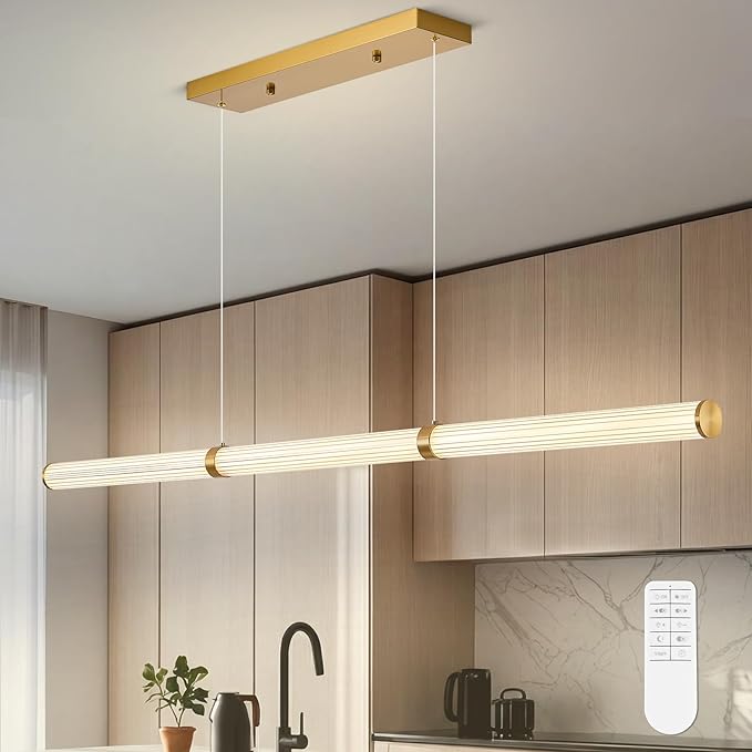 59" LED Linear Pendant Light, Dimmable Kitchen Island Light with Remote Control, Modern Linear Chandelier for Dining Room and Kitchen, Adjustable Height, 3000K–6500K
