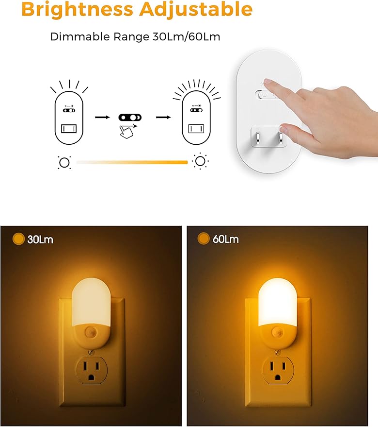 L LOHAS LED Amber Night Light, 2 Pack, Night Lights Plug into Wall Motion Sensor, 0.6W 2000K, LED Nightlights, 30/60LM Adjustable Brightness, Automatic Low Blue Nightlight for Kids, Bathroom, Hallway