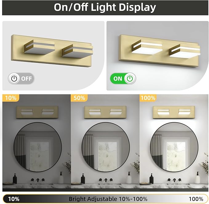 OKELI 2 Light Bathroom Vanity Light Gold Modern 16W LED Dimmable Vanity Light Over Mirror 350° Adjustable Lamp Head Cold White 6000K ETL Listed 15.5Inch