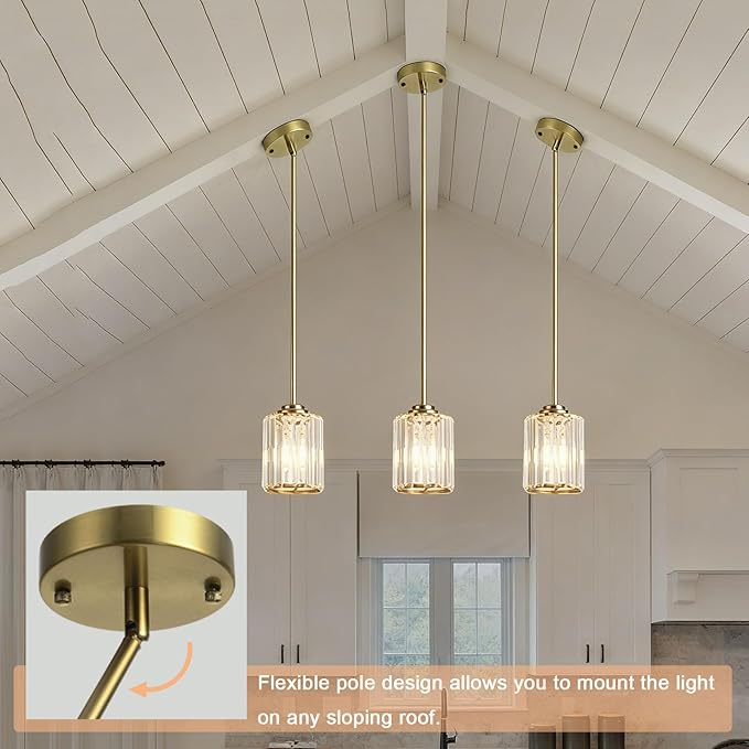 3 Pack Crystal Pendant Lights Kitchen Island, Adjustable Hight Modern Gold Mini Chandelier, Ceiling Hanging Light Fixtures, Lamparas Colgantes for Kitchen Hallway Dining Room Bedroom