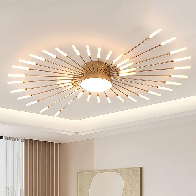 Modern Ceiling Light LED Flush Mount Ceiling Light for Living Room,Kitchen,Dining Room,Bedroom Fireworks Design Dimmable with Remote Control & Memory Function Lighting Fixture (Gold,42 Light)