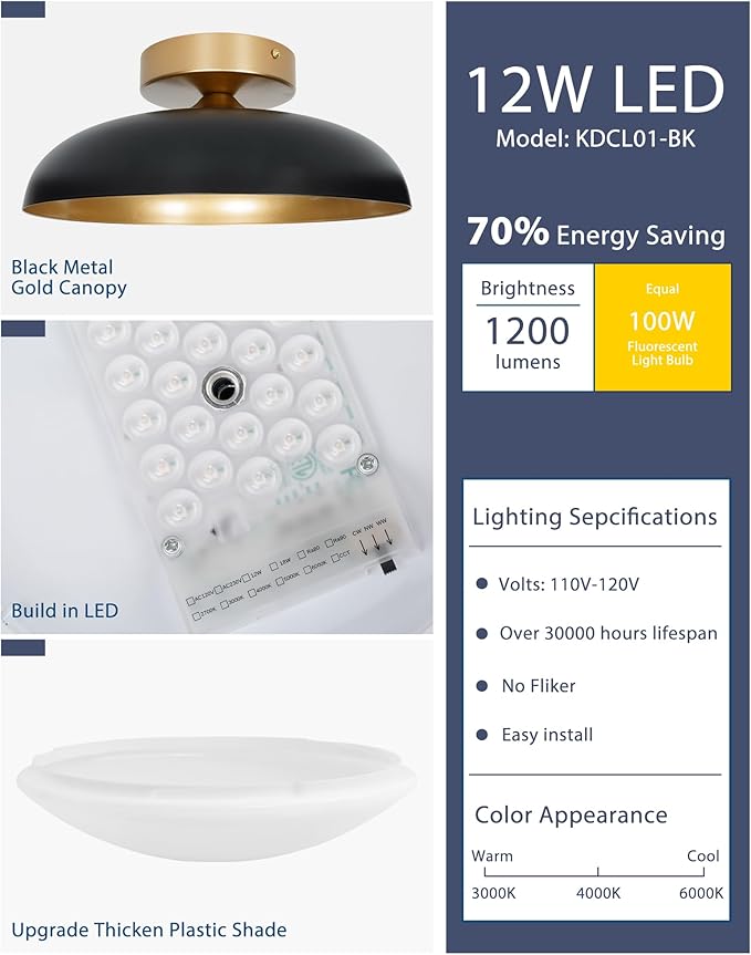 kudos Semi Flush Mount Ceiling Light Fixture, Black and Gold LED Ceiling Lights, 12 Inch Light Fixtures Ceiling Mount for Hallway, Bedroom, 3000K/4000K/6000K Adjustable, 2 Pack, KDCL01-BK-2PK