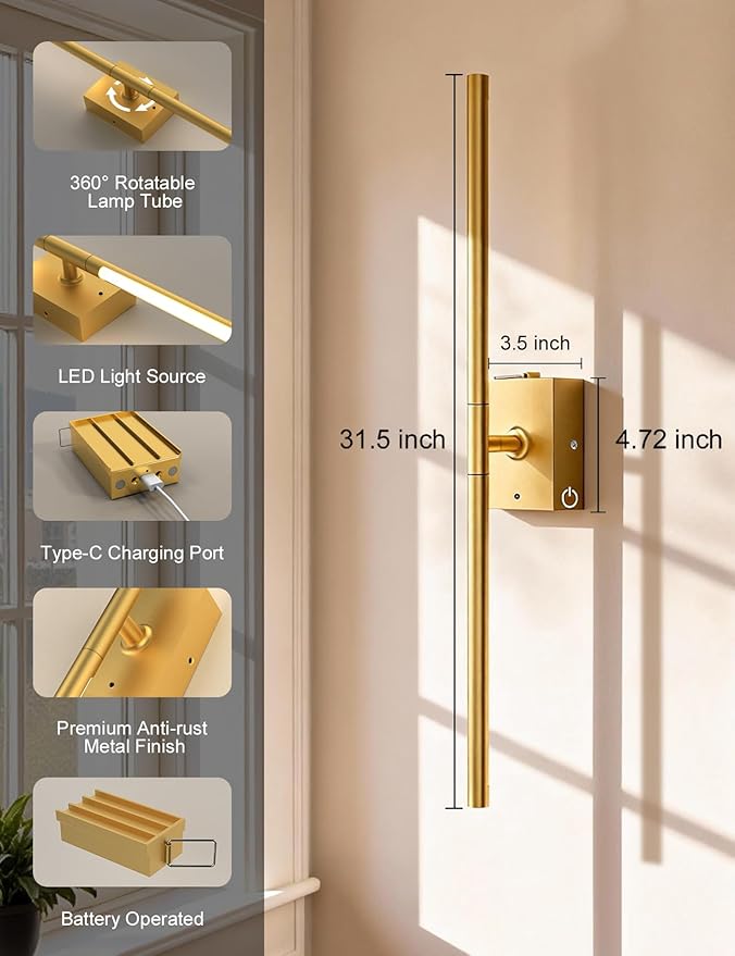 Battery Operated Wall Sconces Set of 2: 10000mAh Rechargeable Wall Lights with Remote, 360° Rotate 3000K-6000K LED Wireless Wall Light Fixtures Decor for Bedroom Living Room Hallway Picture Lighting