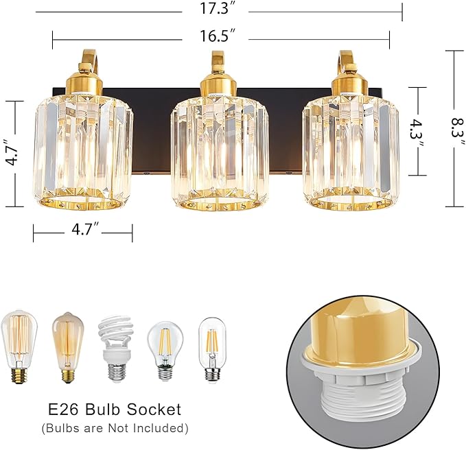 Modern Crystal Bathroom Vanity Lights, Black and Gold 3-Lights Bathroom Light Fixtures Over Mirror, Crystal Wall Lighting for Mirror Bedroom Living Room (Exclude Bulb)
