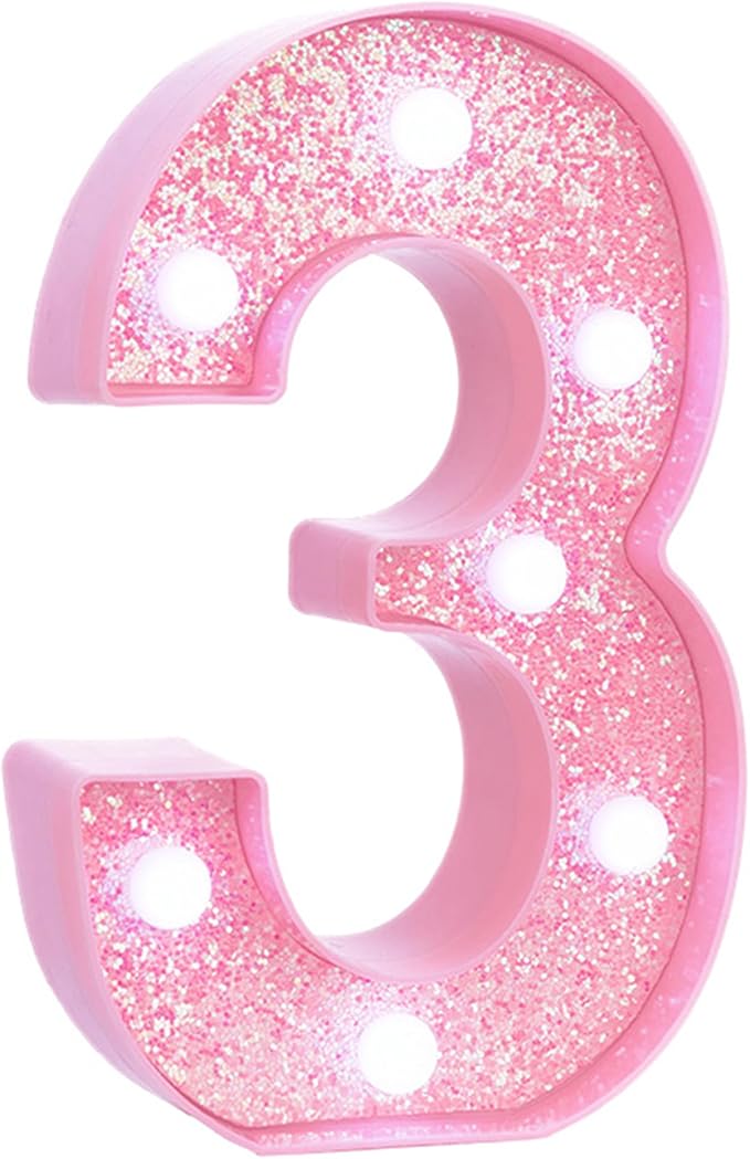 Pink Light Up Marquee Numbers, Glitter LED Number Lights Signs Battery Operated for Girls 3rd 13th 23rd Pink Birthday Party Table Decorations, 8 Inch Tall Number 3 with Cool White Lights
