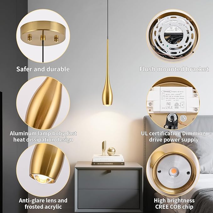 Gold Pendant Light, Modern Pendant Lights Kitchen Island, LED Hanging Light Fixtures for Dining Room Hallway Bedroom 3 Pack 3000K