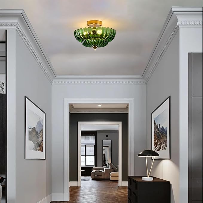 Semi Flush Mount Ceiling Light, Green Glass Ceiling Light Fixture, 3-Bulb Gold Close to Ceiling Light, Vintage Glass Ceiling Lights for Bedroom Kitchen Living Room, Support inline roof installation