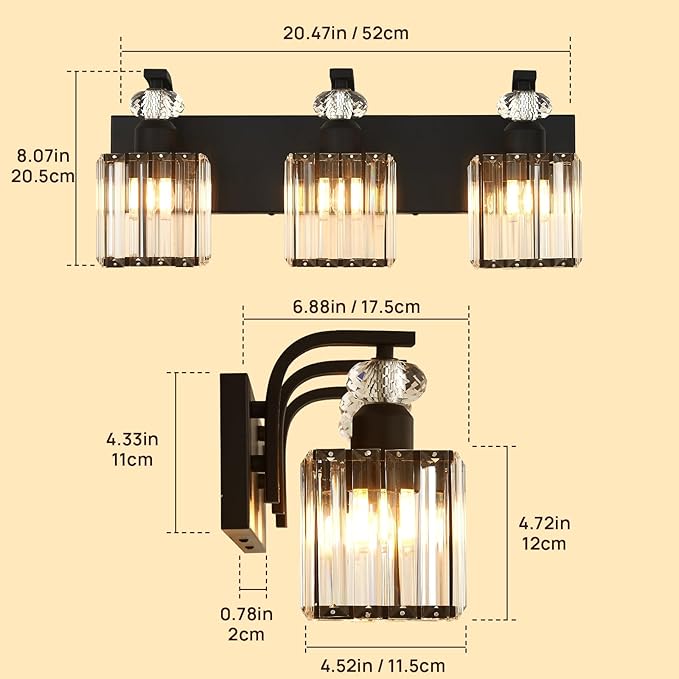 Modern Bathroom Vanity Light, 3-Light Black Bathroom Lighting Fixtures Over Mirror, 20.5" Crystal Wall Light Sconce for Bathroom/Bedroom/Vanity, Includes LED Bulbs, Easy Installation