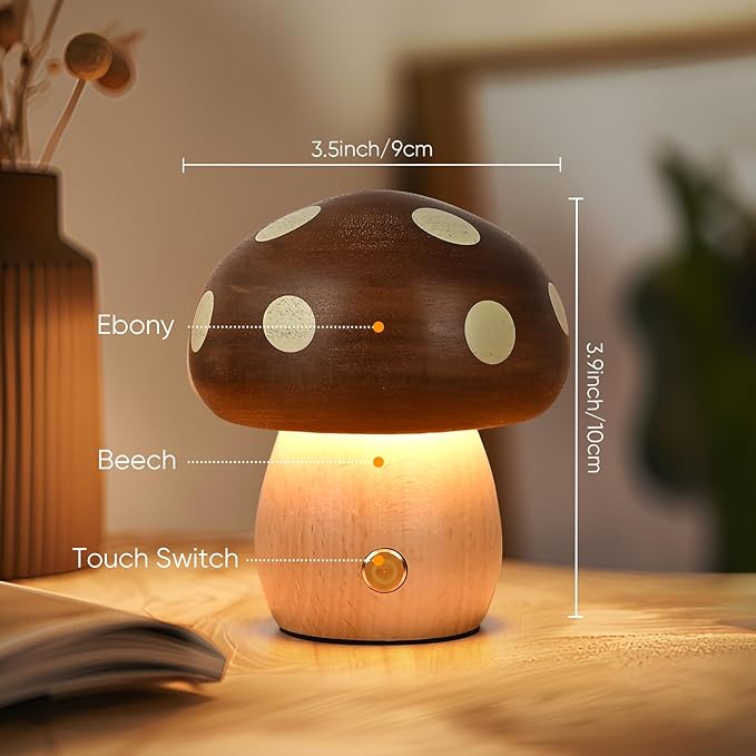 LONRISWAY 2Pack Wood Small Mushroom Table Lamp, LED Rechargeable Cordless Touch Bedside Lamps, Wireless Stepless Dimming Night Light, Portable Battery Lamp for Bedroom Nightstand for Birthday Gifts