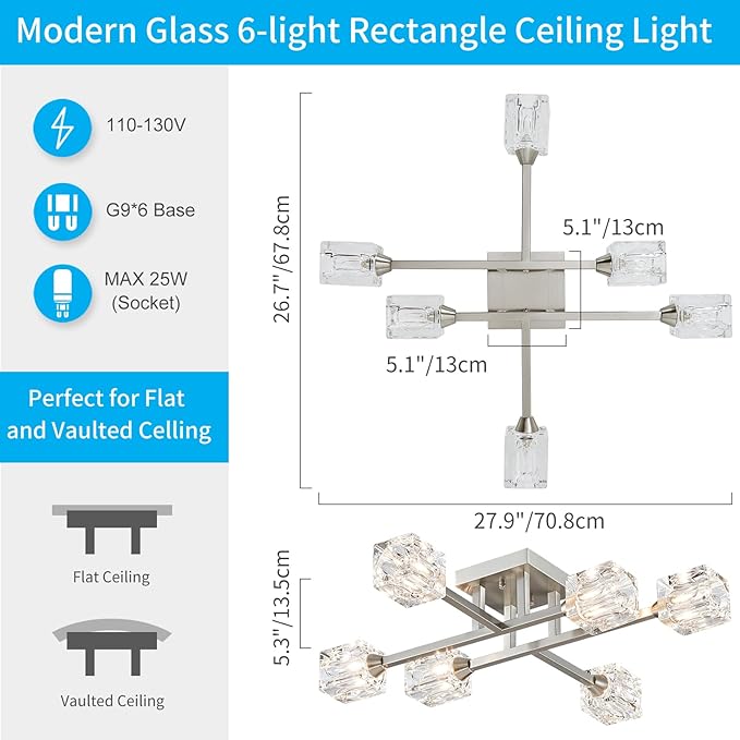 XINGQI Sputnik Light Fixture 6-Lights Semi Flush Mount Ceiling Light, Modern Silver Glass Chandelier Brushed Nickel Lighting for Dining Room Living Room Kitchen Bedroom Entryway