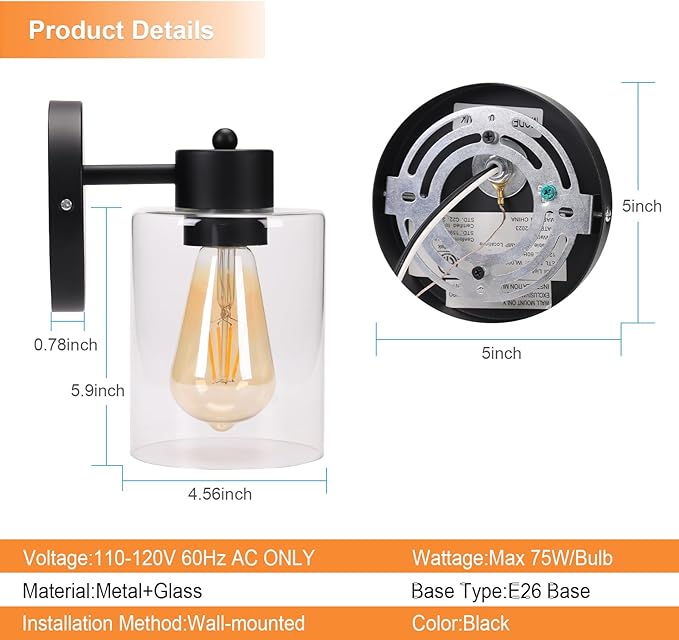 Kalium Wall Sconces, Matte Black Vanity Light Fixtures, Indoor Wall Lights with Clear Glass Shade, Hardwired Farmhouse Wall Lamp for Bedroom Living Room Bathroom (E26 Base 1pcs)