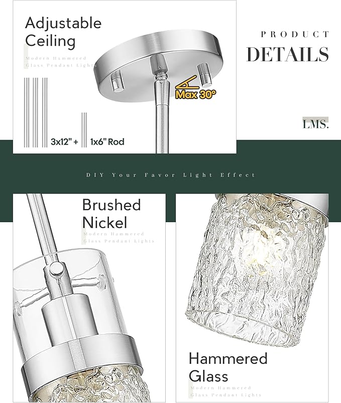 LMS Brushed Nickel Pendant Lights Kitchen Island 2 Pack, Modern Glass Pendant Light Fixtures with Hammered Glass, Adjustable Mini Hanging Light for Kitchen Island Sink Bathroom, LMS-171BN2