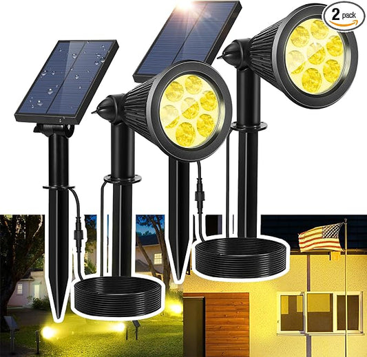 Solar Spotlight Outdoor, Bright 7-LED Flag Pole Spot Light with Separate Panel Waterproof, Dusk-to-Dawn Solar Uplight Flagpole Lights, Landscape Ground Wall Lighting for Garden, Pathway (Yellow, 2pcs)
