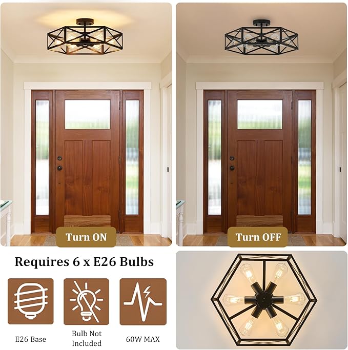 Modern Farmhouse Semi Flush Mount Ceiling Light,Industrial Black Ceiling Lighting Fixture,Hexagonal Close to Ceiling Lights for Kitchen,Living,Dining Room,Bedroom,Foyer,Laundry Room,19.7 Inch