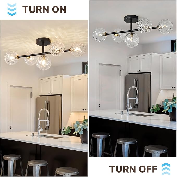 Modern Globe Glass Ceiling Light: 27 Inch Semi Flush Mount Light with Hammered Clear Glass Shade - 5 Lights Black Ceiling Lighting Fixture - Dimmable Linear Chandelier for Bedroom Living Room Entry