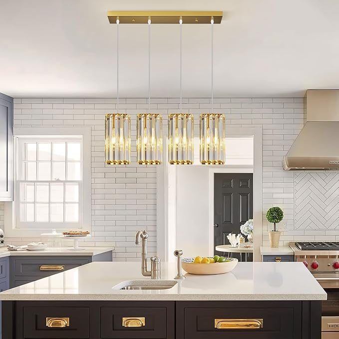 Modern Pendant Light Gold Rectangle Pendant Lighting Mini Crystal Chandeliers Adjustable Pendant Light Fixture for Kitchen Island Dinning Room Living Room Corridor Bedroom(Gold 4-Light)