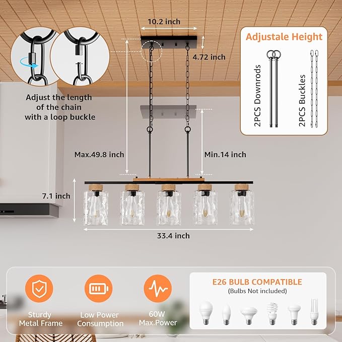Island Light, Up-Grade Thickened Clear Glass 5-Light Dining Room Light Fixture with Adjustable Height, Farmhouse Linear Chandelier Over Table Kitchen Black Rustic Wood Ceiling Pendant Light Fixtures