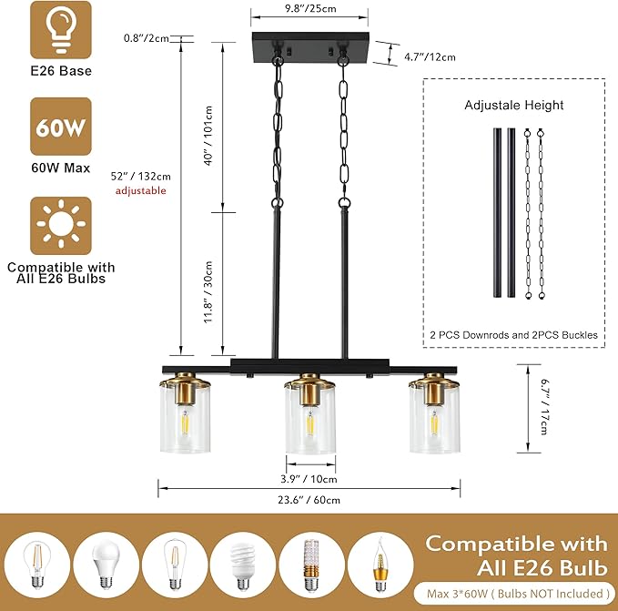 3-Light Kitchen Island Lighting,Dining Room Lights Modern Farmhouse Chandelier with Clear Glass Shade,Modern Rustic Black and Gold Metal Chandelier, Kitchen Pendant Light Fixtures Over Table