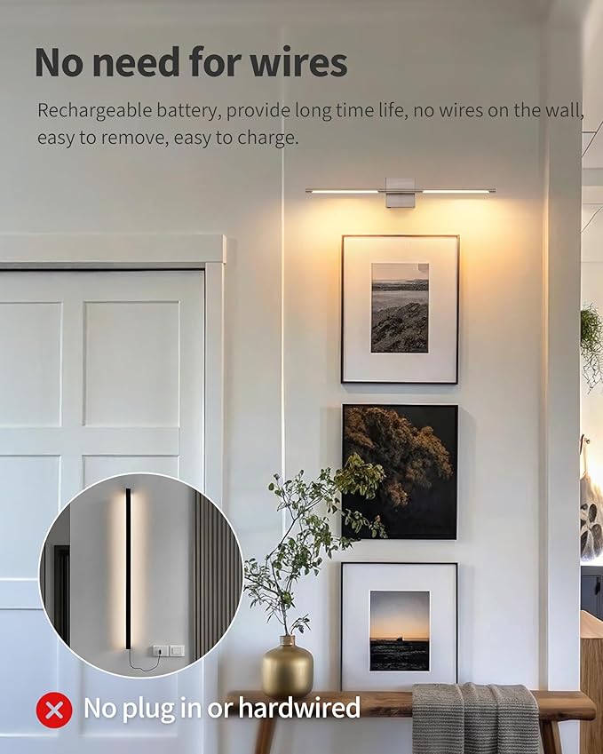 KDG Cordless Wall Sconces Set of 2, Wireless 5200mAh Rechargeable Battery Operated LED Wall Lamps with Remote, 360° Rotate Lightings for Wall Painting, Bedroom, Hallway, Night Light 31.5 inch (Nickel)