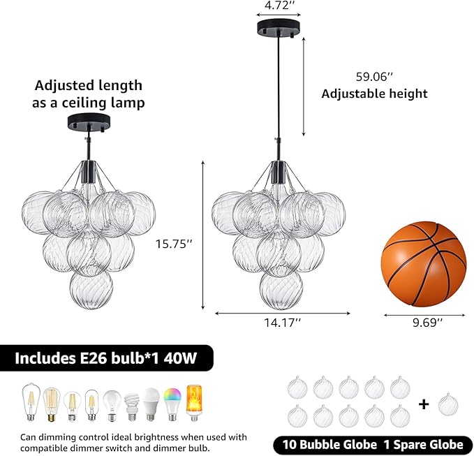 GoYeel Black Small Chandeliers 14.17", Modern Bubble Glass Pendant Light Fixture Dining Room Chandelier Ceiling Lights with 10 Swirled Globe or Foyer Bedroom Kitchen, 1 Light Include E26 Bulb