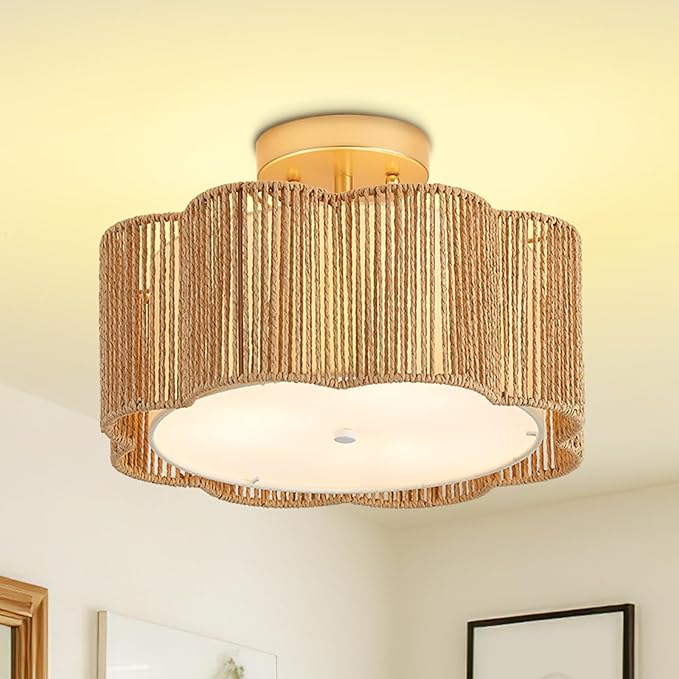 13 Inch Rattan Flush Mount Ceiling Lights 3 Lights Boho Farmhouse Ceiling Light Fixtures Wicker Hand Woven Light Fixtures for Dining Room Kitchen Bedroom Foyer Hallway Entryway